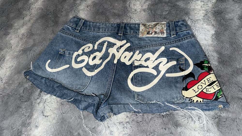 Ed Hardy Denim Shorts Size 26 Blue Love Eternal Tattoo Print Cut-Offs